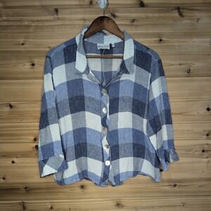 Habitat Blue White Buffalo Plaid Linen Blend Button Front Top Womens Large